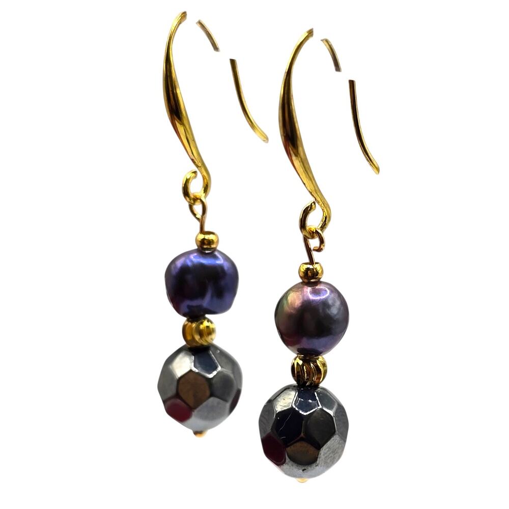 Artisan Earrings Peacock Baroque Pearl Black Faceted Obsidian Beads Dangle S2945